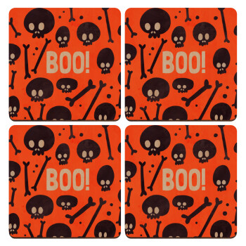 Halloween boo, ΣΕΤ x4 Σουβέρ ξύλινα τετράγωνα plywood (9cm)