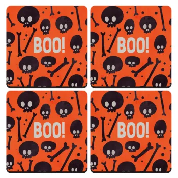 Halloween boo, ΣΕΤ 4 Σουβέρ ξύλινα τετράγωνα (9cm)