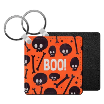 Halloween boo, Μπρελόκ Δερματίνη, τετράγωνο ΜΑΥΡΟ (5x5cm)