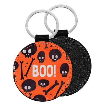 Halloween boo, Μπρελόκ Δερματίνη, στρογγυλό ΜΑΥΡΟ (5cm)