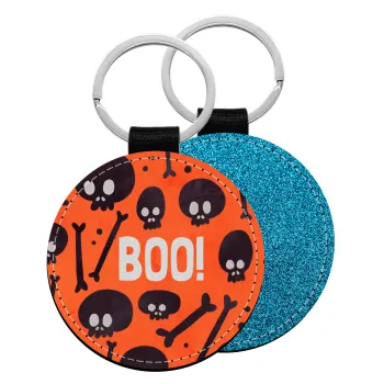 Halloween boo, Μπρελόκ Δερματίνη, στρογγυλό ΜΠΛΕ (5cm)