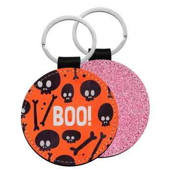 Halloween boo, Μπρελόκ Δερματίνη, στρογγυλό ΡΟΖ (5cm)