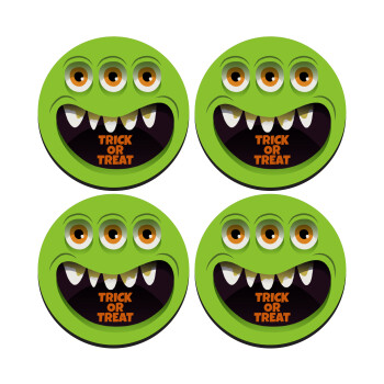 Halloween trick or treat 3 eyes monster, SET of 4 round wooden coasters (9cm)