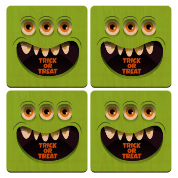 Halloween trick or treat 3 eyes monster, ΣΕΤ x4 Σουβέρ ξύλινα τετράγωνα plywood (9cm)