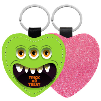 Halloween trick or treat 3 eyes monster, Μπρελόκ PU δερμάτινο glitter καρδιά ΡΟΖ
