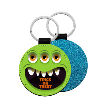 Halloween trick or treat 3 eyes monster, Μπρελόκ Δερματίνη, στρογγυλό ΜΠΛΕ (5cm)