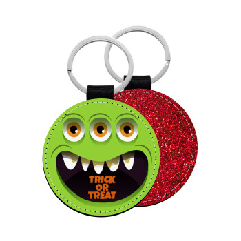Halloween trick or treat 3 eyes monster, Μπρελόκ Δερματίνη, στρογγυλό ΚΟΚΚΙΝΟ (5cm)