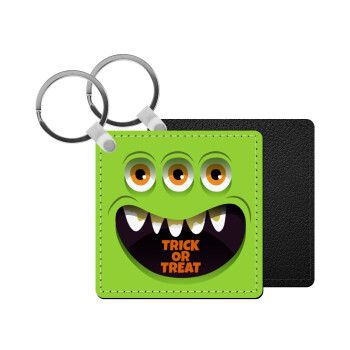 Halloween trick or treat 3 eyes monster, Μπρελόκ Δερματίνη, τετράγωνο ΜΑΥΡΟ (5x5cm)