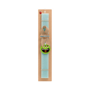 Halloween trick or treat 3 eyes monster, Easter Set, wooden keychain & aromatic flat Easter candle (30cm) (TURQUOISE)