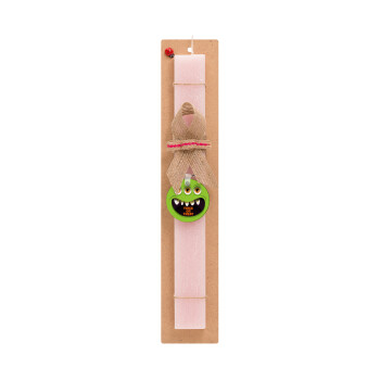 Halloween trick or treat 3 eyes monster, Easter Set, wooden keychain & scented flat Easter candle (30cm) (PINK)