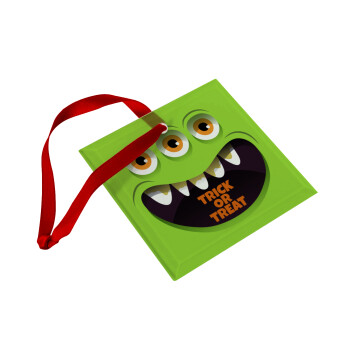 Halloween trick or treat 3 eyes monster, Χριστουγεννιάτικο στολίδι γυάλινο τετράγωνο 9x9cm