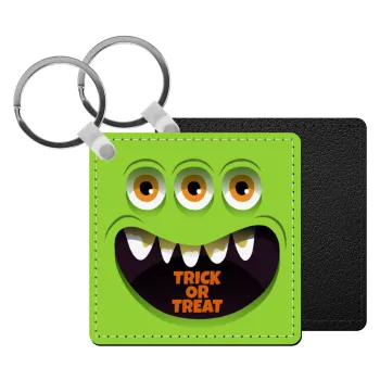 Halloween trick or treat 3 eyes monster, Μπρελόκ Δερματίνη, τετράγωνο ΜΑΥΡΟ (5x5cm)