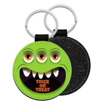 Halloween trick or treat 3 eyes monster, Μπρελόκ Δερματίνη, στρογγυλό ΜΑΥΡΟ (5cm)