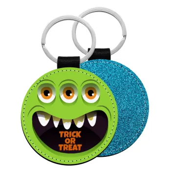 Halloween trick or treat 3 eyes monster, Μπρελόκ Δερματίνη, στρογγυλό ΜΠΛΕ (5cm)