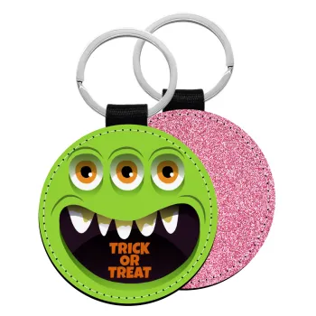 Halloween trick or treat 3 eyes monster, Μπρελόκ Δερματίνη, στρογγυλό ΡΟΖ (5cm)