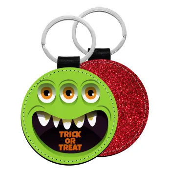 Halloween trick or treat 3 eyes monster, Μπρελόκ Δερματίνη, στρογγυλό ΚΟΚΚΙΝΟ (5cm)