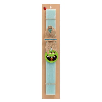 Halloween trick or treat 3 eyes monster, Easter Set, wooden keychain & aromatic flat Easter candle (30cm) (TURQUOISE)