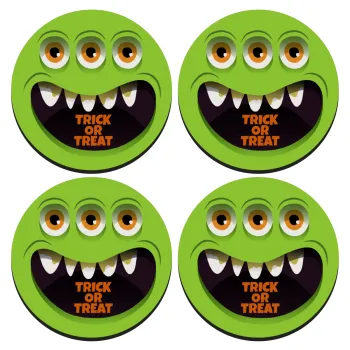 Halloween trick or treat 3 eyes monster, ΣΕΤ 4 Σουβέρ ξύλινα στρογγυλά (9cm)