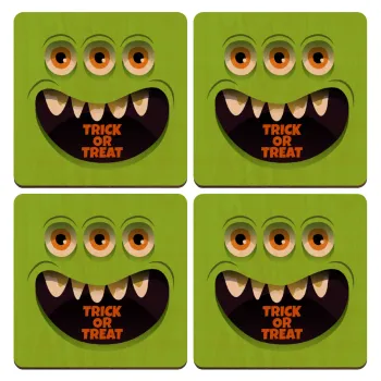 Halloween trick or treat 3 eyes monster, ΣΕΤ x4 Σουβέρ ξύλινα τετράγωνα plywood (9cm)