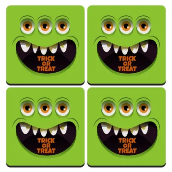 Halloween trick or treat 3 eyes monster, ΣΕΤ 4 Σουβέρ ξύλινα τετράγωνα (9cm)