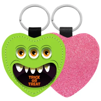 Halloween trick or treat 3 eyes monster, Μπρελόκ PU δερμάτινο glitter καρδιά ΡΟΖ