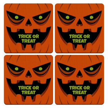 Halloween trick or treat Pumpkins, ΣΕΤ x4 Σουβέρ ξύλινα τετράγωνα plywood (9cm)