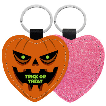 Halloween trick or treat Pumpkins, Μπρελόκ PU δερμάτινο glitter καρδιά ΡΟΖ