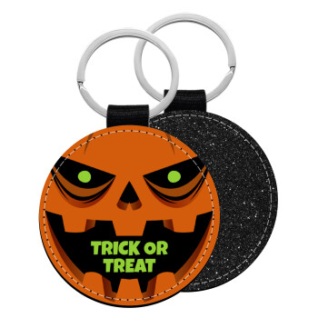 Halloween trick or treat Pumpkins, Μπρελόκ Δερματίνη, στρογγυλό ΜΑΥΡΟ (5cm)