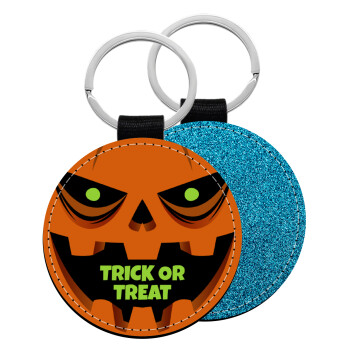 Halloween trick or treat Pumpkins, Μπρελόκ Δερματίνη, στρογγυλό ΜΠΛΕ (5cm)