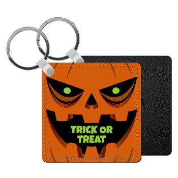 Halloween trick or treat Pumpkins, Μπρελόκ Δερματίνη, τετράγωνο ΜΑΥΡΟ (5x5cm)