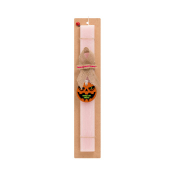 Halloween trick or treat Pumpkins, Πασχαλινό Σετ, ξύλινο μπρελόκ & πασχαλινή λαμπάδα αρωματική πλακέ (30cm) (ΡΟΖ)