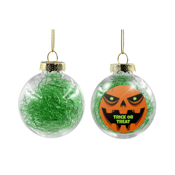 Halloween trick or treat Pumpkins, Χριστουγεννιάτικη μπάλα δένδρου διάφανη με πράσινο γέμισμα 8cm