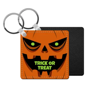 Halloween trick or treat Pumpkins, Μπρελόκ Δερματίνη, τετράγωνο ΜΑΥΡΟ (5x5cm)