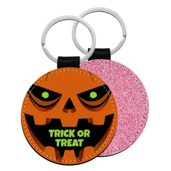 Halloween trick or treat Pumpkins, Μπρελόκ Δερματίνη, στρογγυλό ΡΟΖ (5cm)