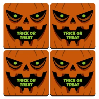 Halloween trick or treat Pumpkins, ΣΕΤ 4 Σουβέρ ξύλινα τετράγωνα (9cm)
