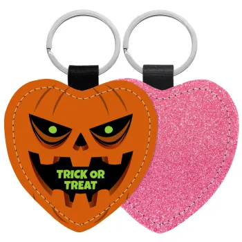 Halloween trick or treat Pumpkins, Μπρελόκ PU δερμάτινο glitter καρδιά ΡΟΖ