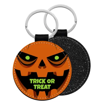 Halloween trick or treat Pumpkins, Μπρελόκ Δερματίνη, στρογγυλό ΜΑΥΡΟ (5cm)