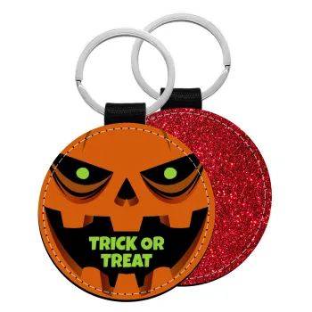Halloween trick or treat Pumpkins, Μπρελόκ Δερματίνη, στρογγυλό ΚΟΚΚΙΝΟ (5cm)