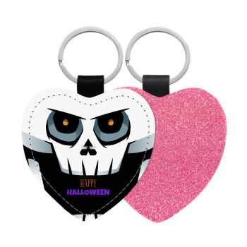 Halloween trick or treat Skeleton, Μπρελόκ PU δερμάτινο glitter καρδιά ΡΟΖ