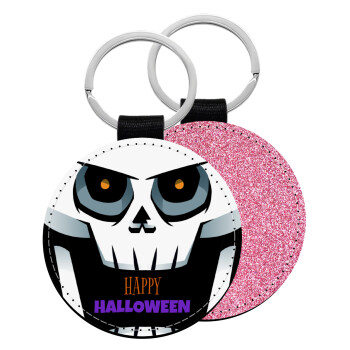 Halloween trick or treat Skeleton, Μπρελόκ Δερματίνη, στρογγυλό ΡΟΖ (5cm)
