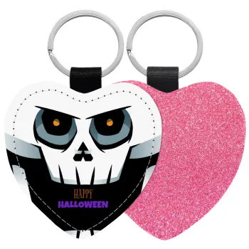 Halloween trick or treat Skeleton, Μπρελόκ PU δερμάτινο glitter καρδιά ΡΟΖ