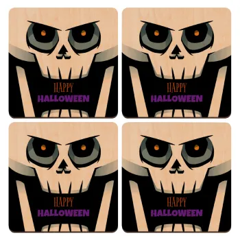 Halloween trick or treat Skeleton, ΣΕΤ x4 Σουβέρ ξύλινα τετράγωνα plywood (9cm)