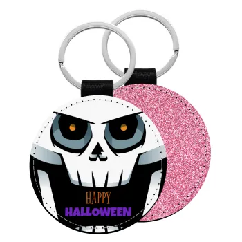 Halloween trick or treat Skeleton, Μπρελόκ Δερματίνη, στρογγυλό ΡΟΖ (5cm)