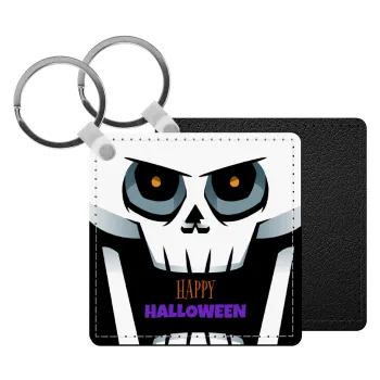 Halloween trick or treat Skeleton, Μπρελόκ Δερματίνη, τετράγωνο ΜΑΥΡΟ (5x5cm)