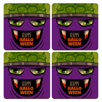 Halloween trick or treat Monster, ΣΕΤ x4 Σουβέρ ξύλινα τετράγωνα plywood (9cm)