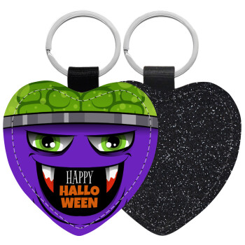 Halloween trick or treat Monster, Μπρελόκ PU δερμάτινο glitter καρδιά ΜΑΥΡΟ