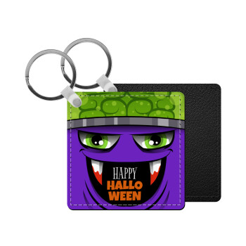 Halloween trick or treat Monster, Μπρελόκ Δερματίνη, τετράγωνο ΜΑΥΡΟ (5x5cm)
