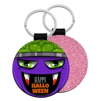 Halloween trick or treat Monster, Μπρελόκ Δερματίνη, στρογγυλό ΡΟΖ (5cm)