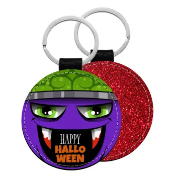 Halloween trick or treat Monster, Μπρελόκ Δερματίνη, στρογγυλό ΚΟΚΚΙΝΟ (5cm)