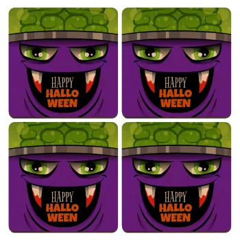 Halloween trick or treat Monster, ΣΕΤ x4 Σουβέρ ξύλινα τετράγωνα plywood (9cm)
